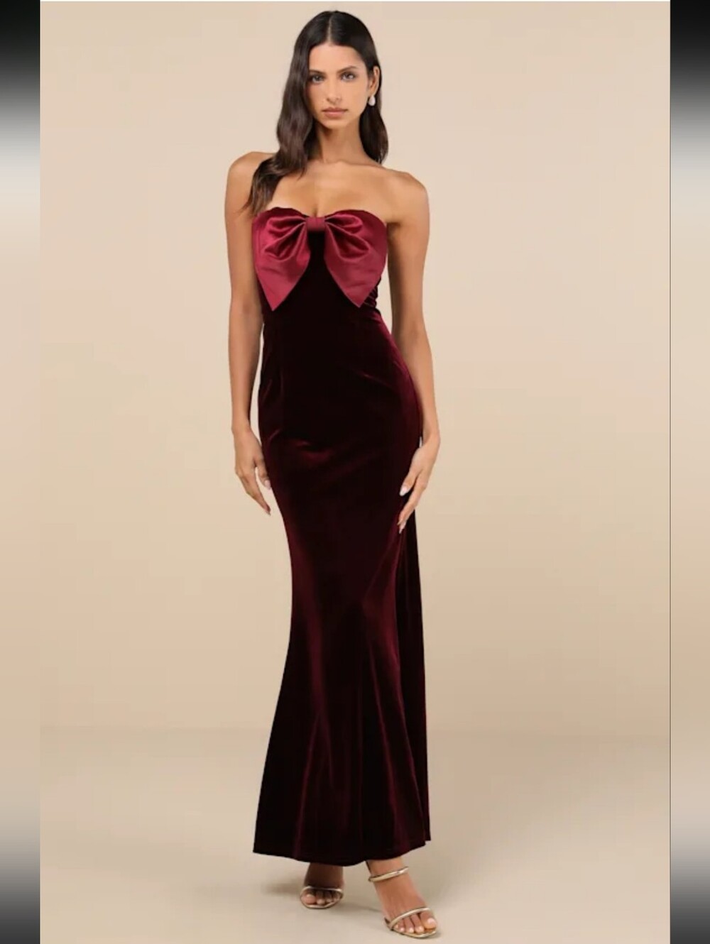 Lulus Dramatic Stunner Burgundy Velvet Bow Strapless Maxi Dress
